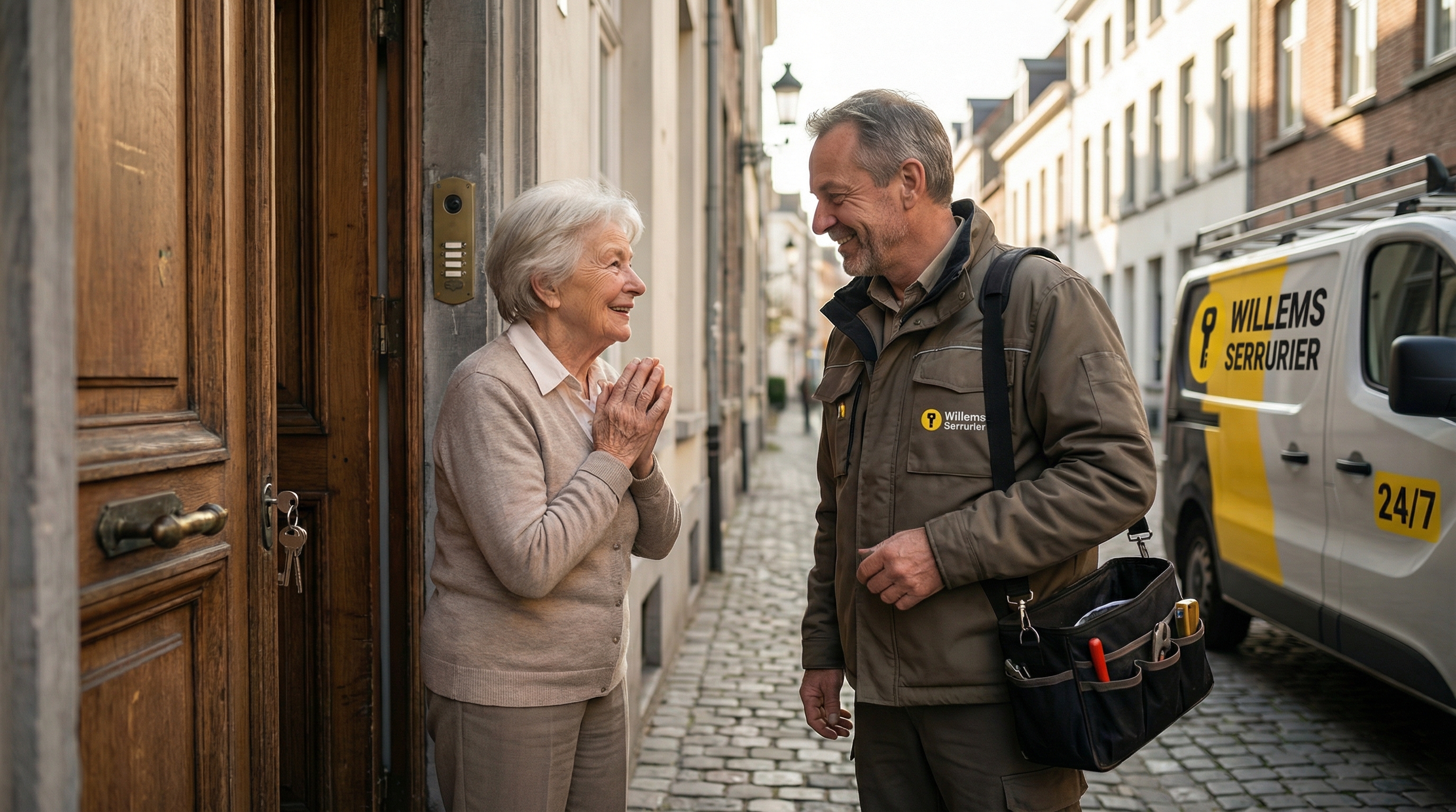 Serrurier Willems accueilli par une cliente satisfaite en Belgique